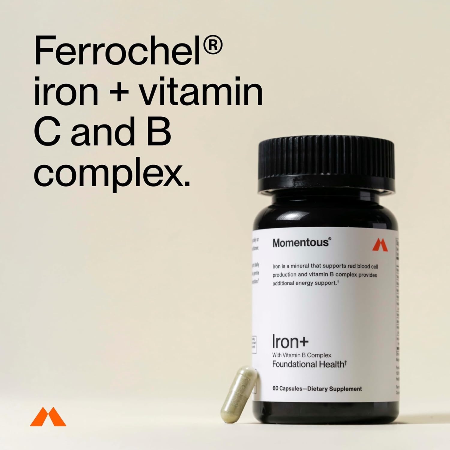 Momentous Iron+ with Vitamin C & Vitamin B Complex - Ferrochel Iron Capsules for Foundational Health Support - NSF Certified for Sport - Gluten-Free - 60 Servings