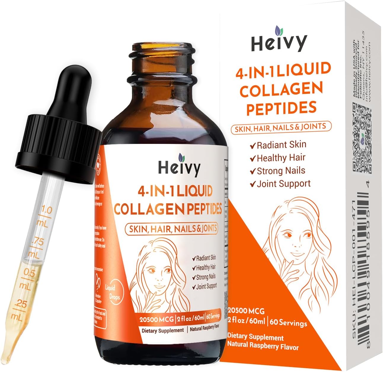 Liquid Collagen for Women, Liquid Biotin & Collagen for Radiant Skin, Hair Growth, Strong Nails, Joint Support, 20500 mcg 4-in-1 Collagen Drops, Advanced Absorption, Raspberry Flavor- 2 FL OZ