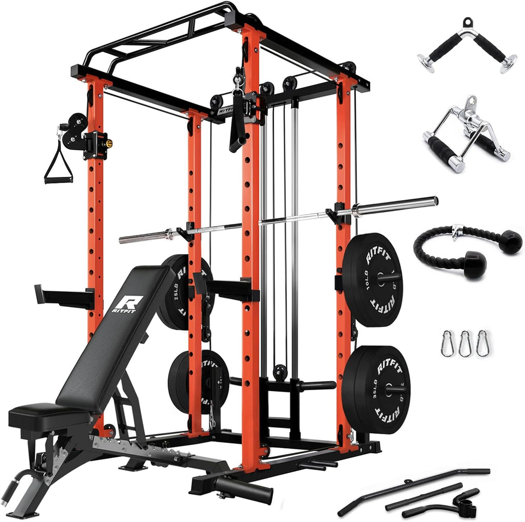 RitFit Multi-Function Squat Rack Power Cage PPC03 with Cable Crossover System, 1000LBS Capacity Power Rack and Packages with Optional Weight Bench, Barbell Weight Set, for Garage Workout & Home Gym