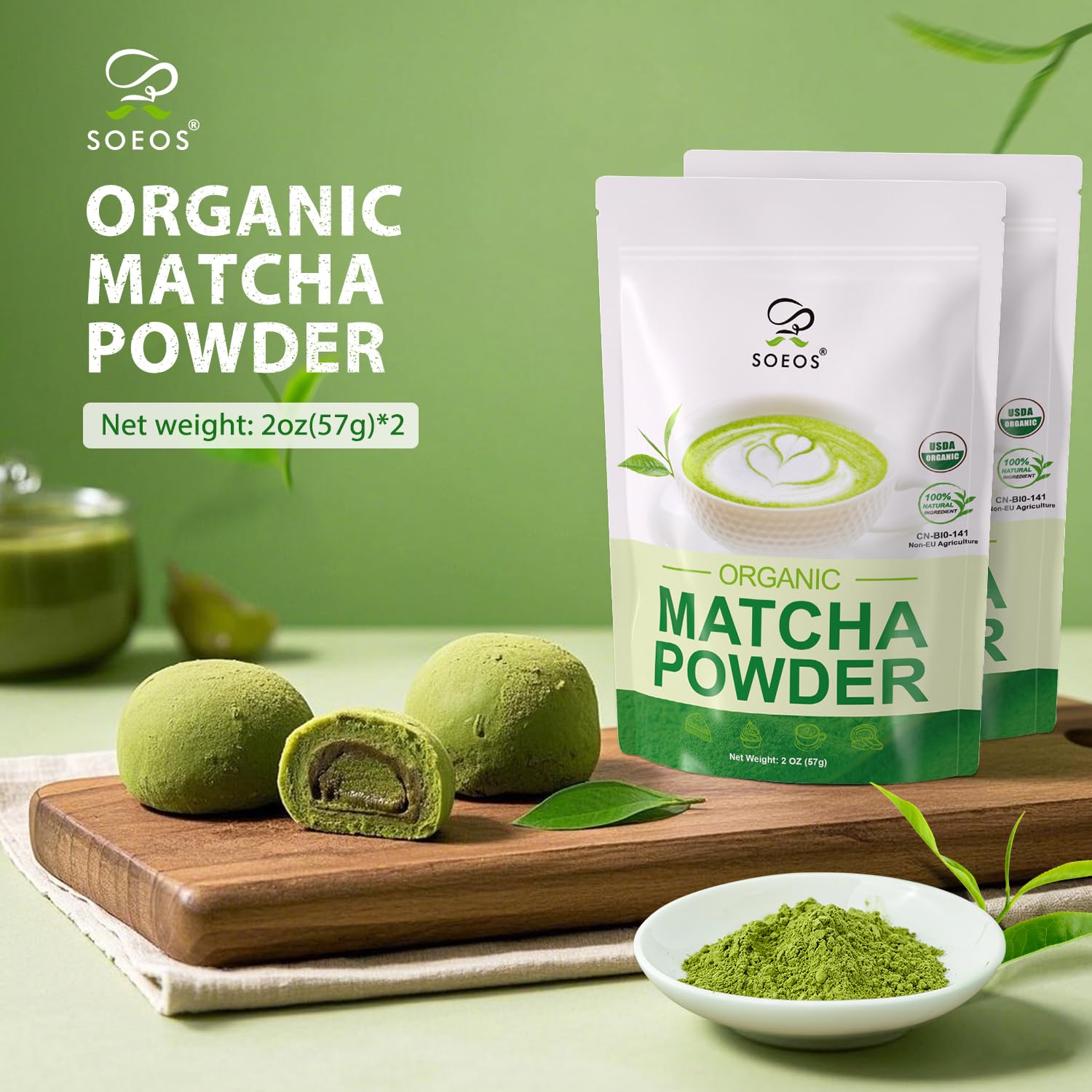 Soeos Organic Matcha Powder, Matcha Green Tea Powder, 2 oz (2 Pack), Total 4 oz, Antioxidant-Rich Japanese Matcha for Lattes, Smoothies and Baking, Recyclable Bags