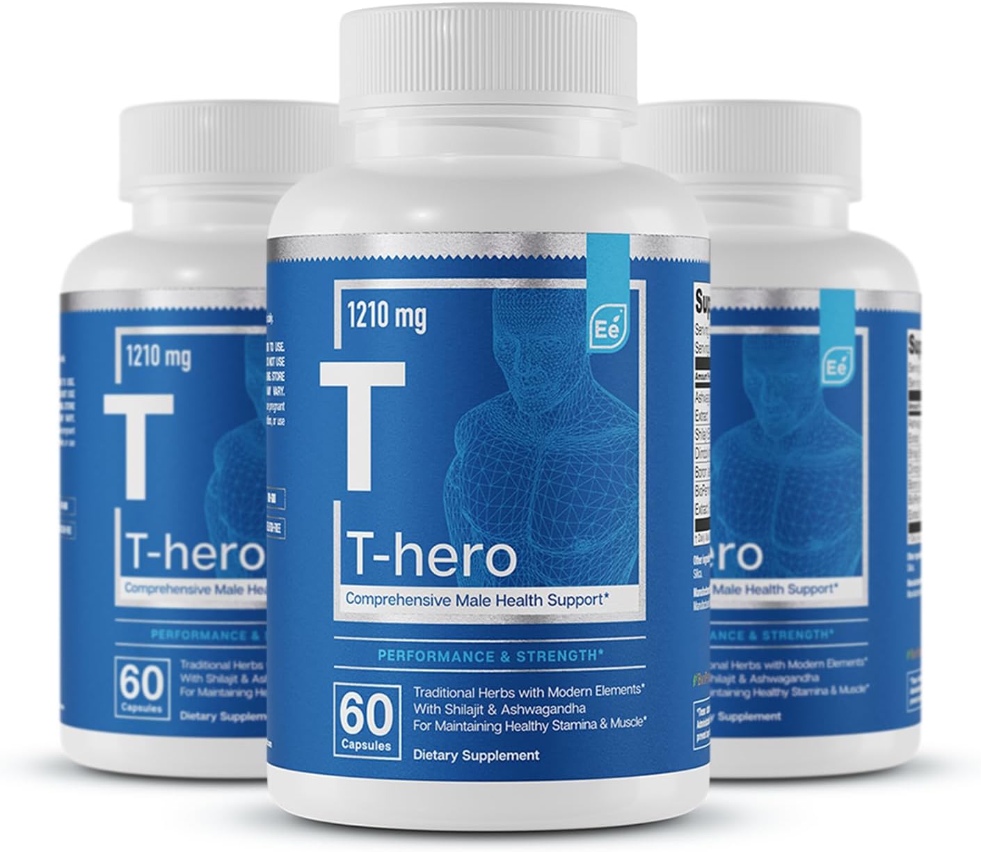 Essential Elements Male Health Supplement - Muscle Support & T-Health with DIM, Ashwagandha, Shilajit, More | T-Hero 60 Vegan Capsules (3-Pack)