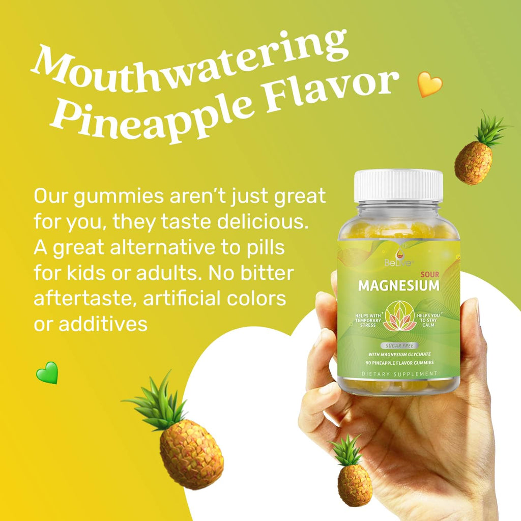 BeLive Magnesium Gummies 200mg - 60 Ct | Magnesium Glycinate Supplements for Relaxation, Stress Relief, and Sleep for Adults & Kids - Tasty and Tangy Pineapple Flavor (2)