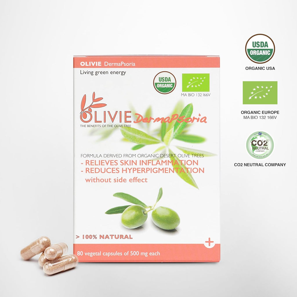Organic Olive Leaf Extract Supplement for Women and Men by OLIVIE | DermaPsoria Supplement for Psoriasis, Eczema, Hyperpigmentation | Olive Oil Capsules | Antioxidant Polyphenols | 80 Vegetal Capsules
