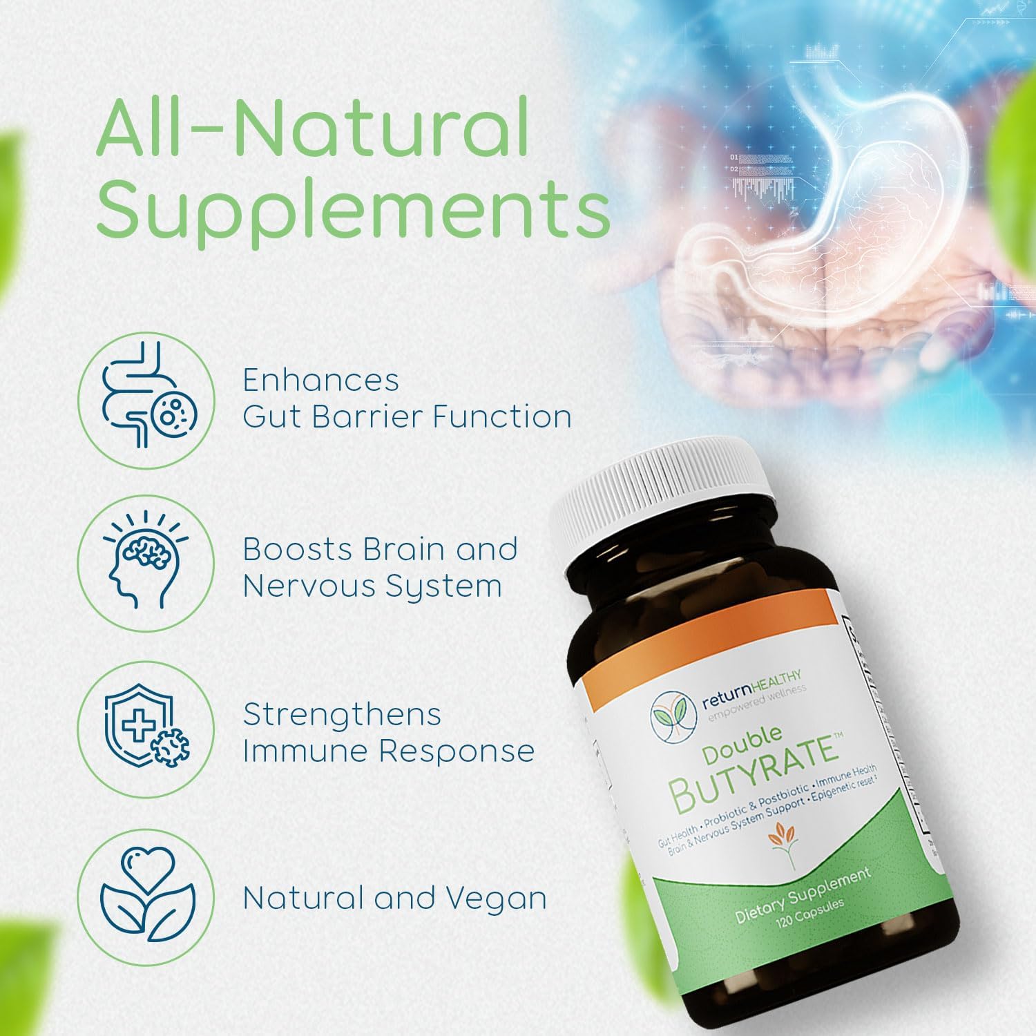 Double Butyrate Gut Health Supplement | Probiotic & Postbiotic Digestive Supplements for Gut Support | Enhances Immune, Brain, & Nervous System Function | Odor-Free Formula | 120 caps
