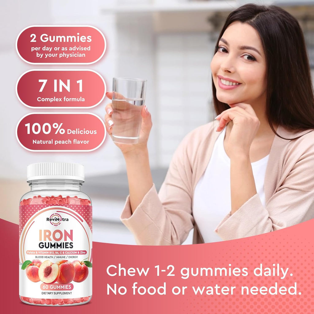 Iron Gummies with Zinc, Calcium, Vitamin C, B6 & B12 | Iron Supplement for Women, Men & Kids | Supports Anemia & Deficiency, Blood Builder & Cell Formation | Chewable Peach Flavor, 60 Gummies
