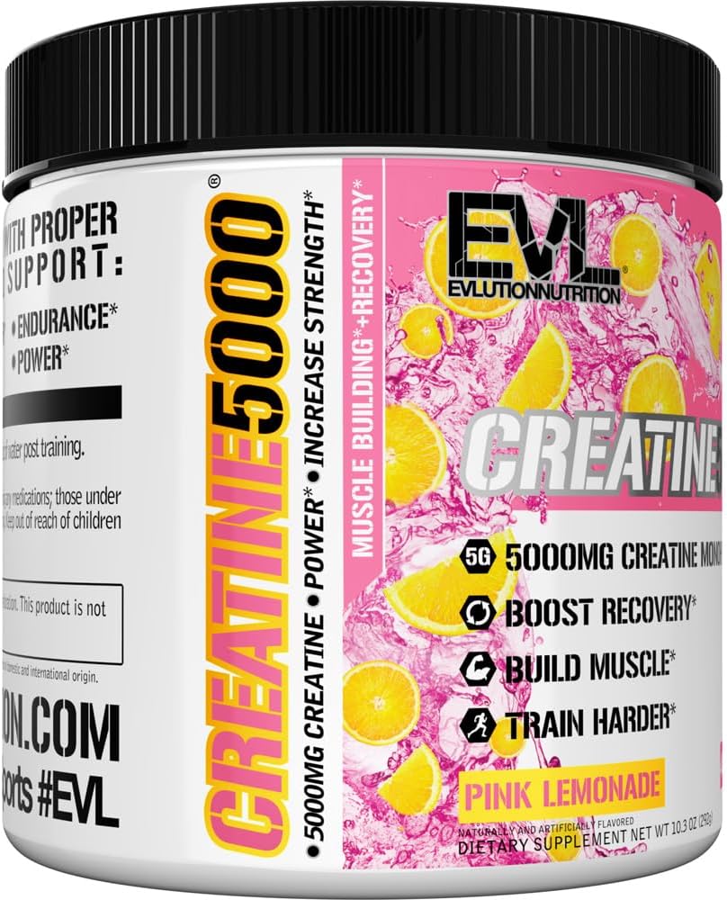Evlution Nutrition Creatine 5000 - Supports Faster Recovery, Lean Muscle Growth & Performance - Pre & Post Workout Powder - 5000mg Pure Creatine Monohydrate Per Serving - 40 Servings - Pink Lemonade