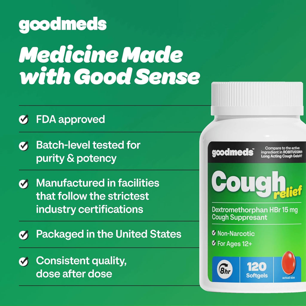 Cough Relief for Adults Softgels Dextromethorphan HBr (DXM) 15mg 8Hour, Non-Drowsy, Long-Lasting Bronchial Suppressant for Dry Cough and Chest Congestion (120 Count)