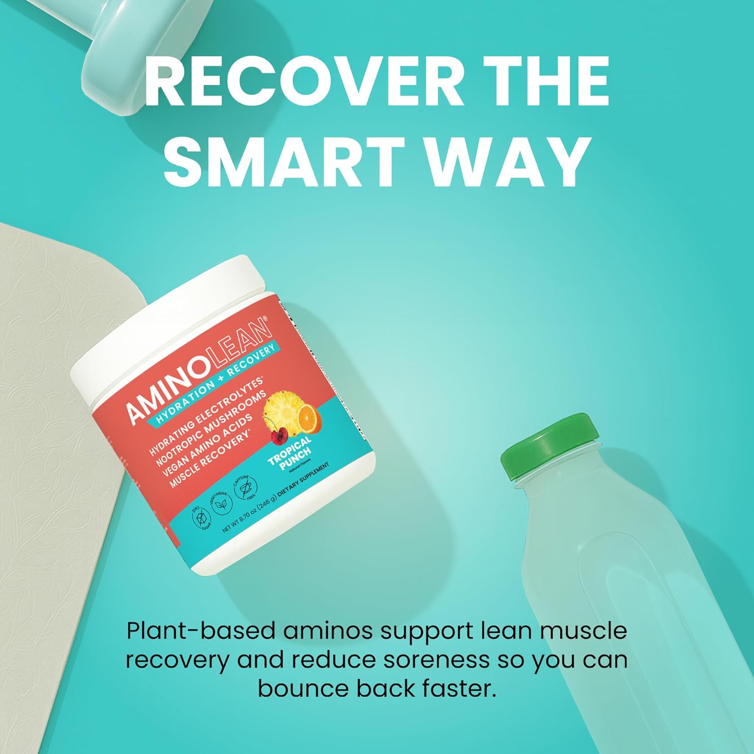 AminoLean Hydrating Electrolyte Powder and Recovery Drink with Sea Minerals, Nootropic Mushrooms, and Vegan Amino Acids, BCAAs + EAAs for Post Workout Muscle Building, Orange Splash