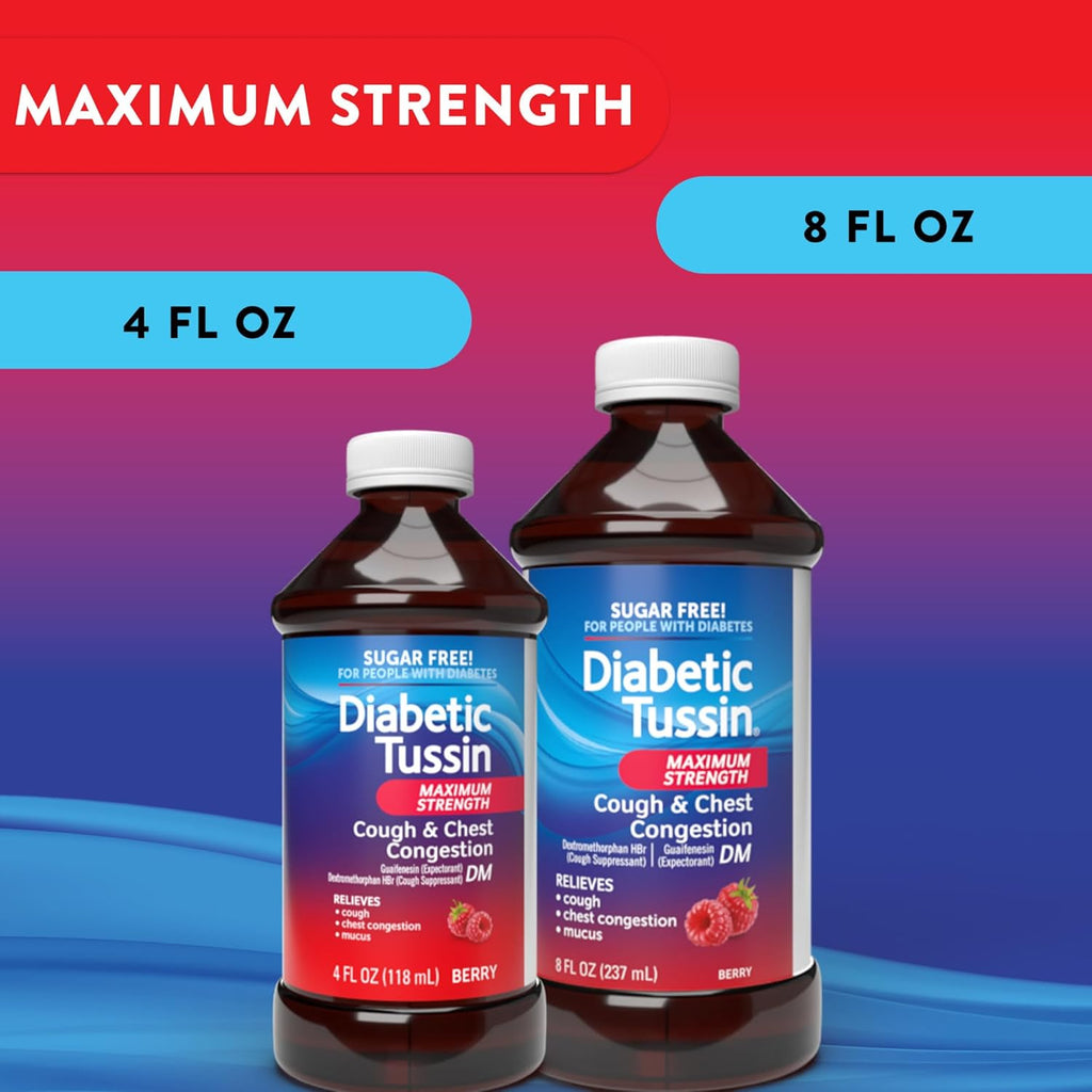 Diabetic Tussin DM Maximum Strength Cough Medicine for Adults, People with Diabetes – No Sugar, Dyes, Sodium, Fructose or Alcohol – Berry Flavored Cough Syrup, 4 Fl Oz, Pack of 3
