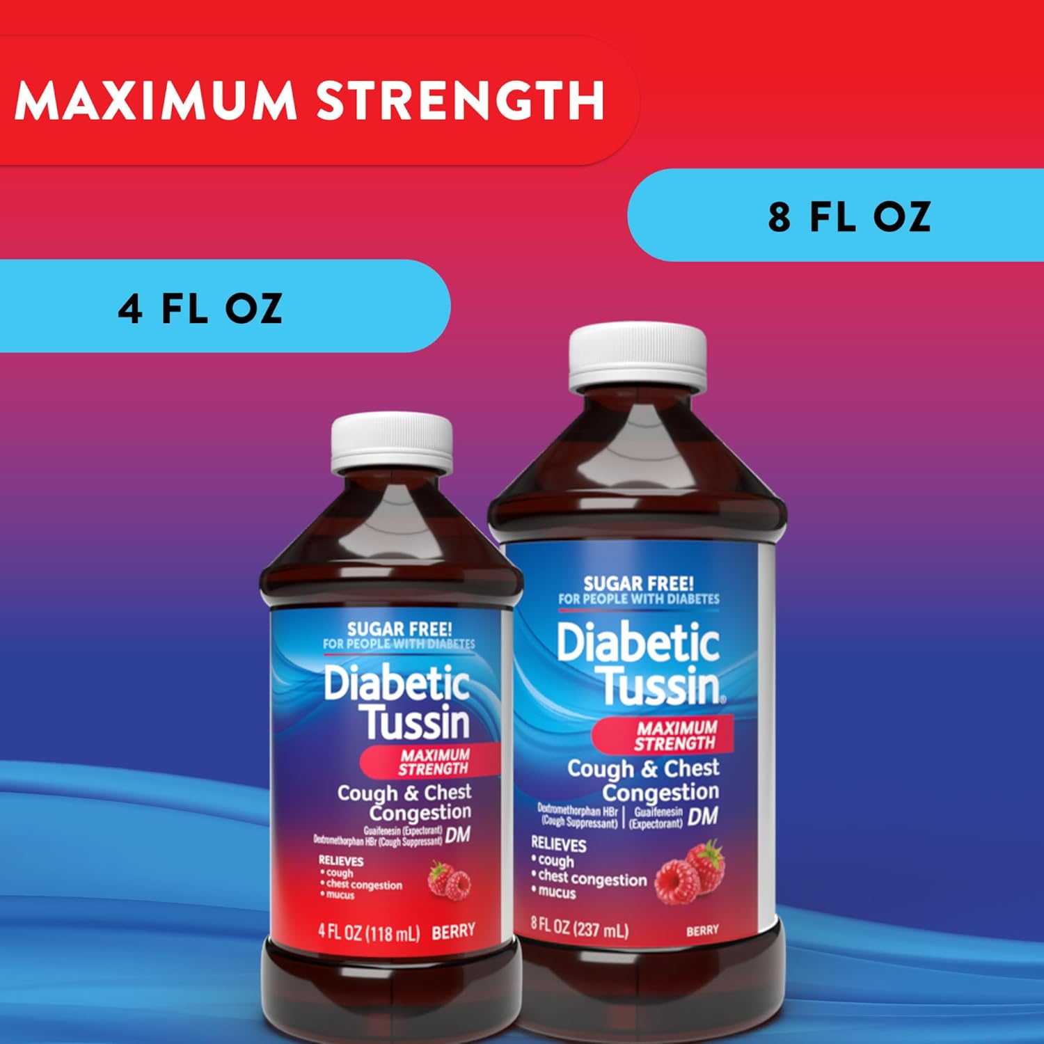 Diabetic Tussin DM Maximum Strength Cough Medicine for Adults, People with Diabetes – No Sugar, Dyes, Sodium, Fructose or Alcohol – Berry Flavored Cough Syrup, 4 Fl Oz, Pack of 3