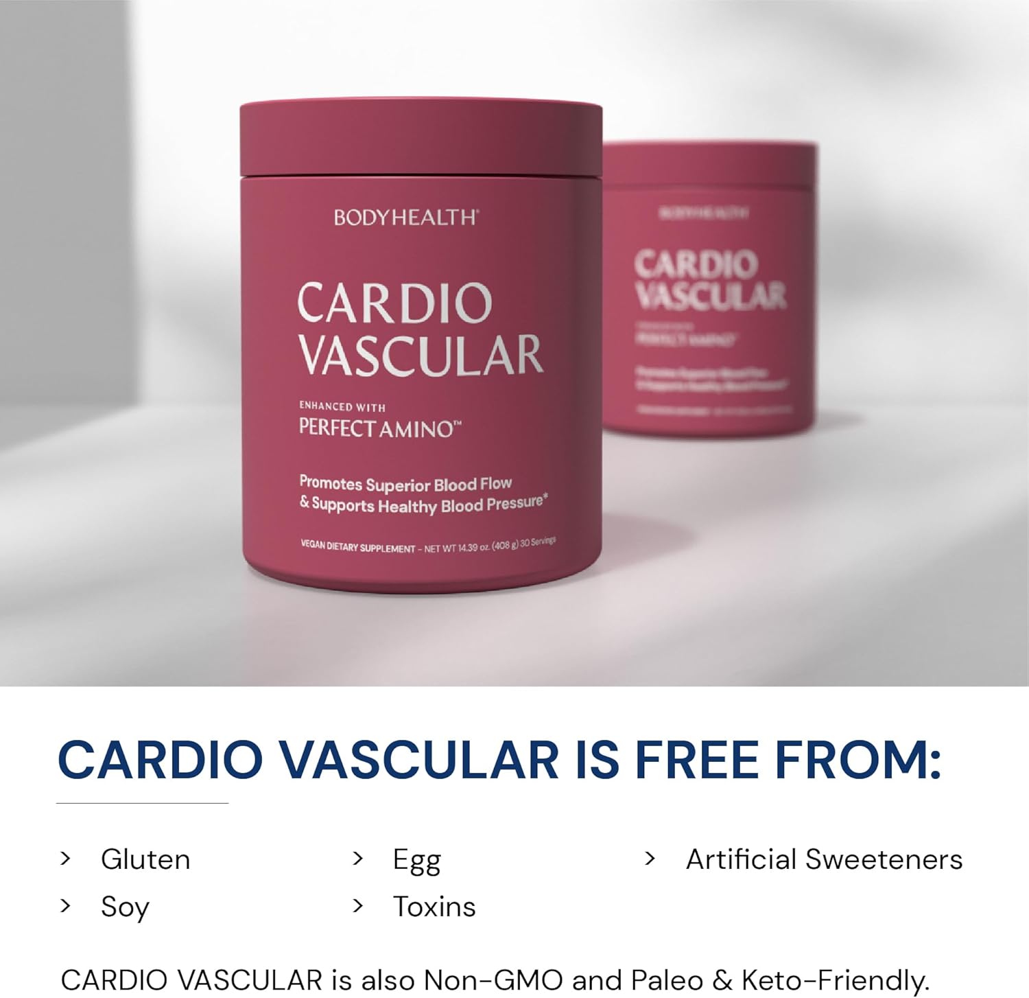 BodyHealth Cardio Vascular with PerfectAmino, Blood Flow and Heart Health Supplement Support with CoQ10, Nicotinamide Riboside, Resveratrol and D-Ribose, Chocolate Flavor, 30 Servings