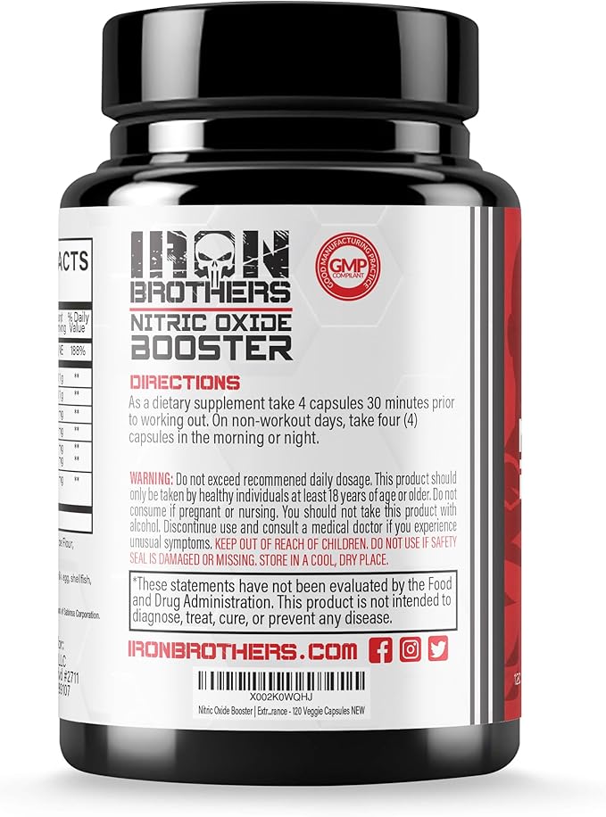 Iron Brothers Nitric Oxide Supplement for Men & Women | Pre-Workout Nitric Oxide Booster for Enhanced Muscle Pump, Blood Flow & Endurance | L-Arginine, L-Citrulline, Pine Bark Extract | 120 Vegan Caps