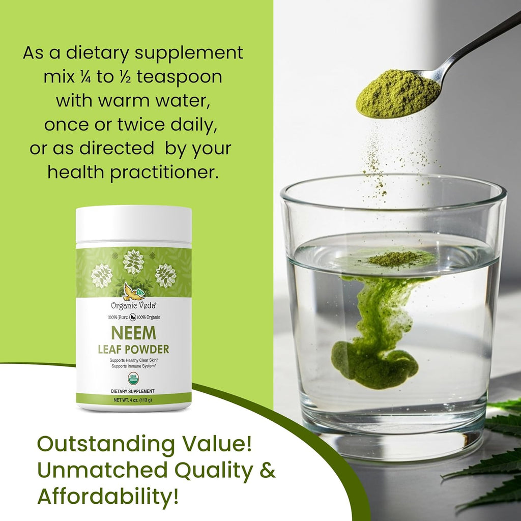 Organic Veda Neem Leaf Powder - Gentle Dried Organic Neem Leaves Powder - Herbal Supplement for Skin, Gut Cleanse & Immune Support - Non-GMO, Gluten-Free, Vegan – 4 oz