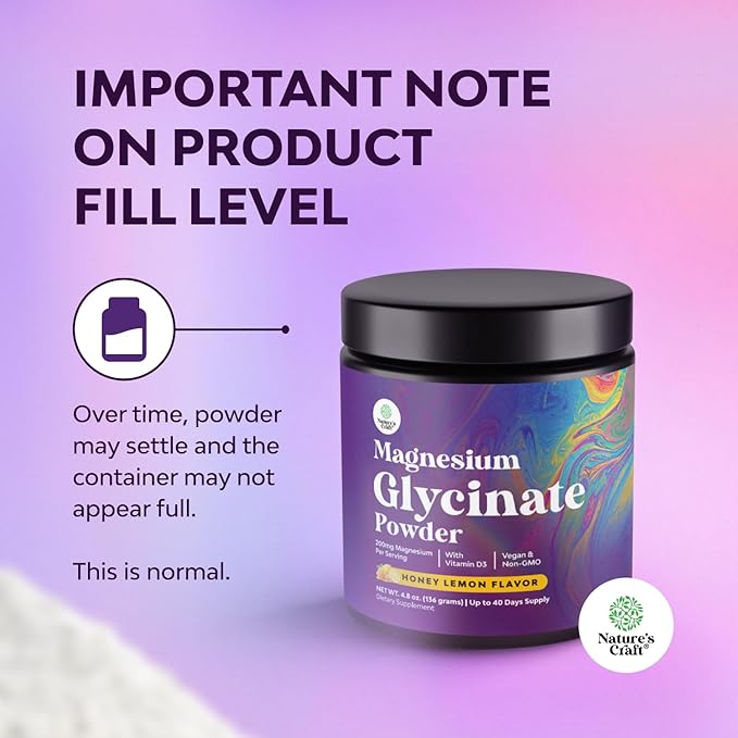 High Absorption Magnesium Glycinate Powder - Vegan Magnesium Powder for Sleep Relaxation & Regularity - Drink Mix Non-GMO Gluten Free & No Artificial Flavors (Honey Lemon) 40 Servings