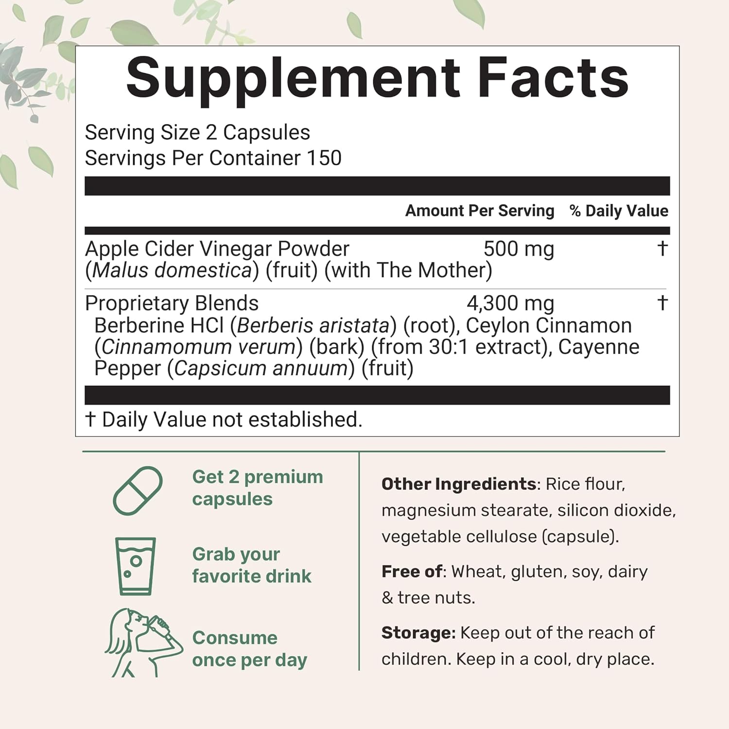 Apple Cider Vinegar with The Mother 4,800mg Equivalent, 300 Capsules | 4-in-1 ACV Complex | Ceylon Cinnamon, Cayenne Pepper, & Berberine | Immune, Digestion, & Appetite Support | Non-GMO, Gluten Free