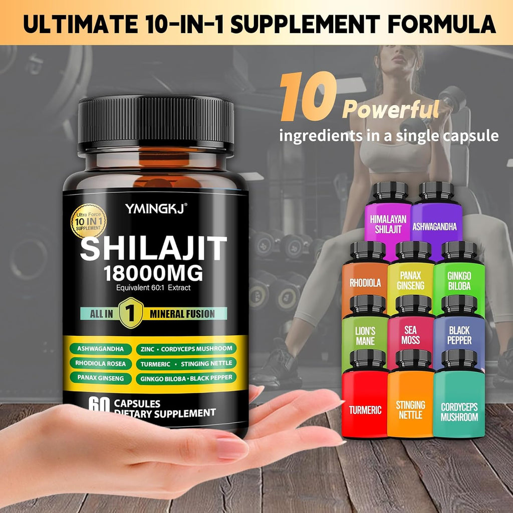 Shilajit Capsules 18000mg (60 Capsules) 10 in 1 - Shilajit Extract with Ashwagandha, Rhodiola Rosea, Panax Ginseng, Cordyceps, Turmeric, Ginkgo, Fulvic Acid Trace Minerals Supplement, Gluten Free