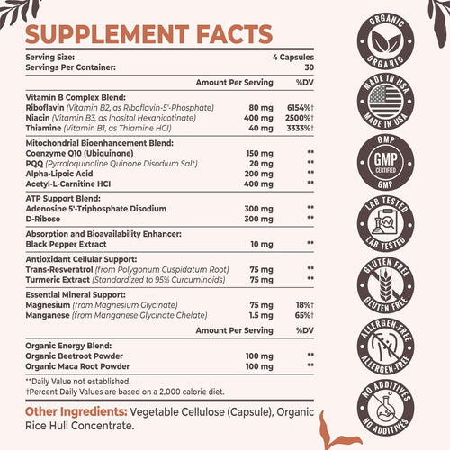 2326 MG Mitochondrial Supplements with ATP, Vitamins, CoQ10 & PQQ, More Effective Than Creatine HMB & Nitric Oxide, Energy, Endurance, Strength, Recovery & Muscle, Organic, 720 Capsules
