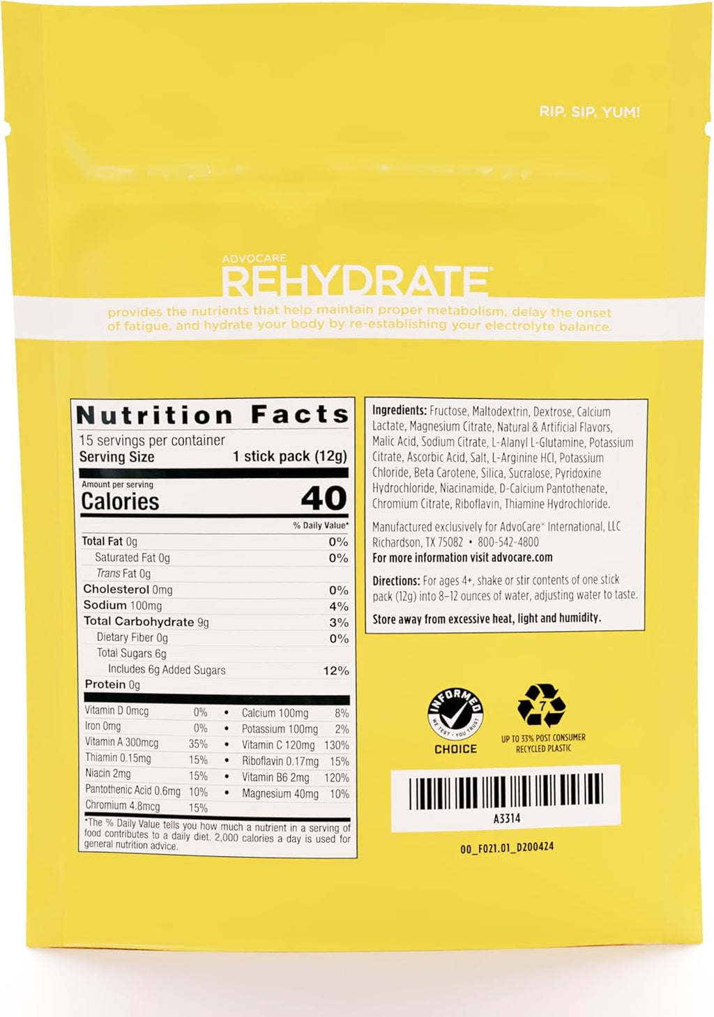 AdvoCare Rehydrate - Electrolyte Drink Mix - Includes Magnesium, Sodium, Potassium & Calcium - Antioxidant & Amino Acid Fortified - Hydration & Recovery - Mango Pineapple, 15 Stick Packs (6.3 oz)