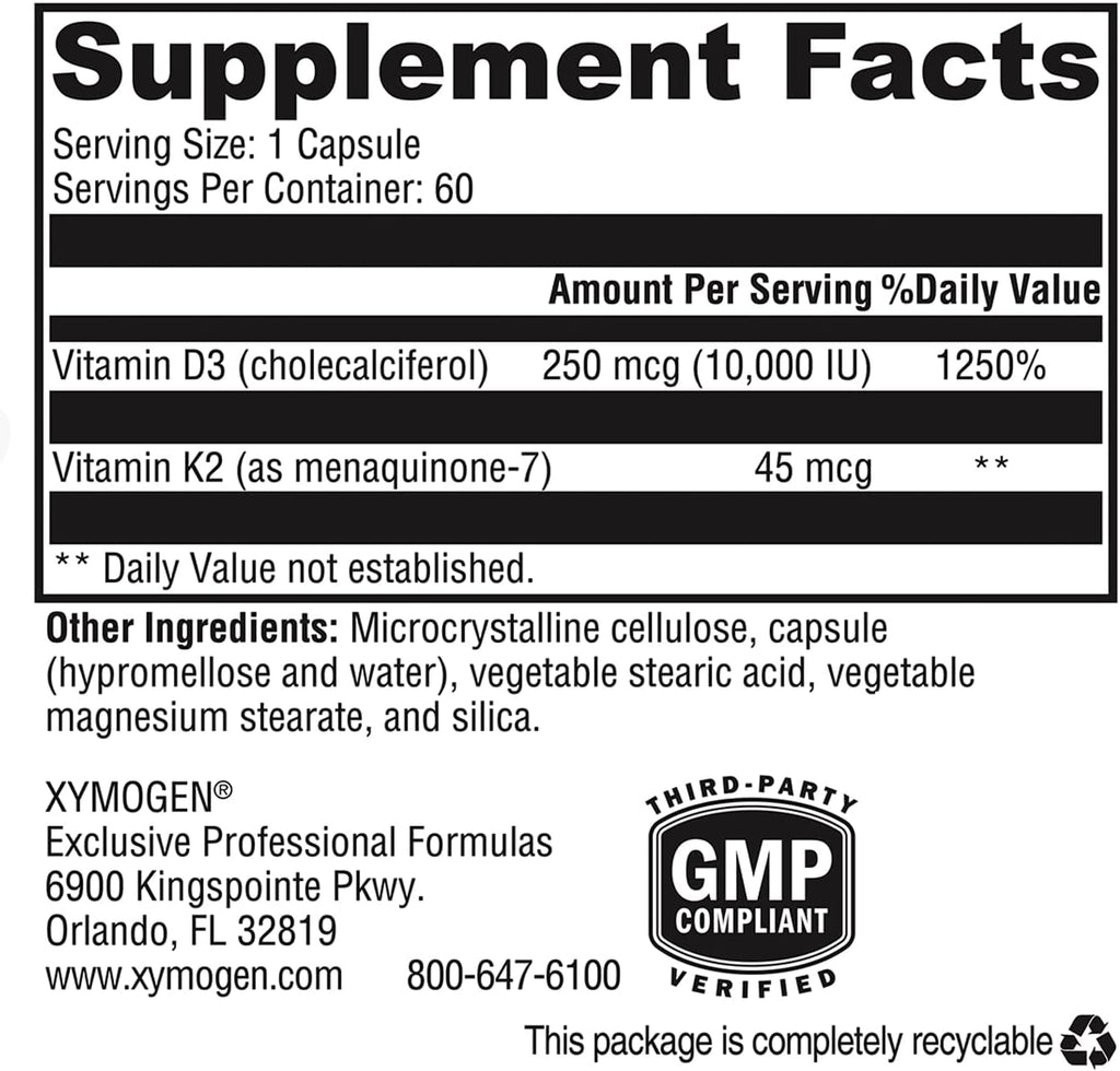 XYMOGEN K2-D3 10000 - Vitamin D3 K2 - Bioavailable Vitamin D 10,000 IU (Cholecalciferol) with MK-7 - Heart, Arterial, Bone Health + Immune Support Supplement (60 Capsules)