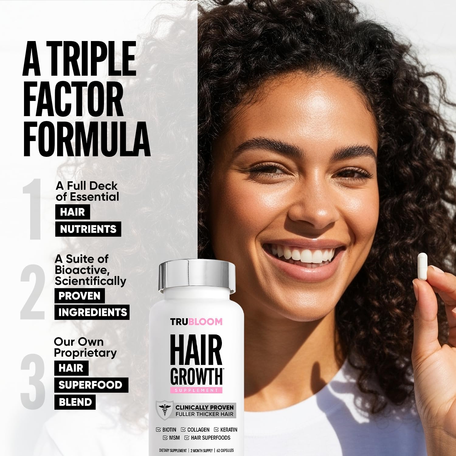 Tru Bloom Hair Growth Vitamins - 2 Month Supply. Clinically Proven to Grow Fuller, Thicker Hair. Drug-Free with Biotin, Collagen, Keratin, MSM, Zinc, D3 + Hair Superfoods