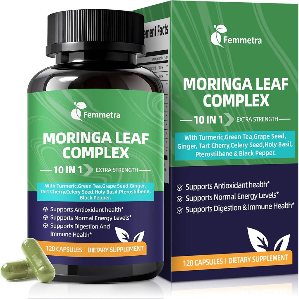 Moringa Turmeric Capsules, Femmetra 10-in-1 Moringa Leaf Complex, Energy, Skin, Immune & Gut Health Superfood, Rich in Antioxidants, Vitamins & Amino Acids with EGCG Grape Ginger Basil Extract, 60 Day