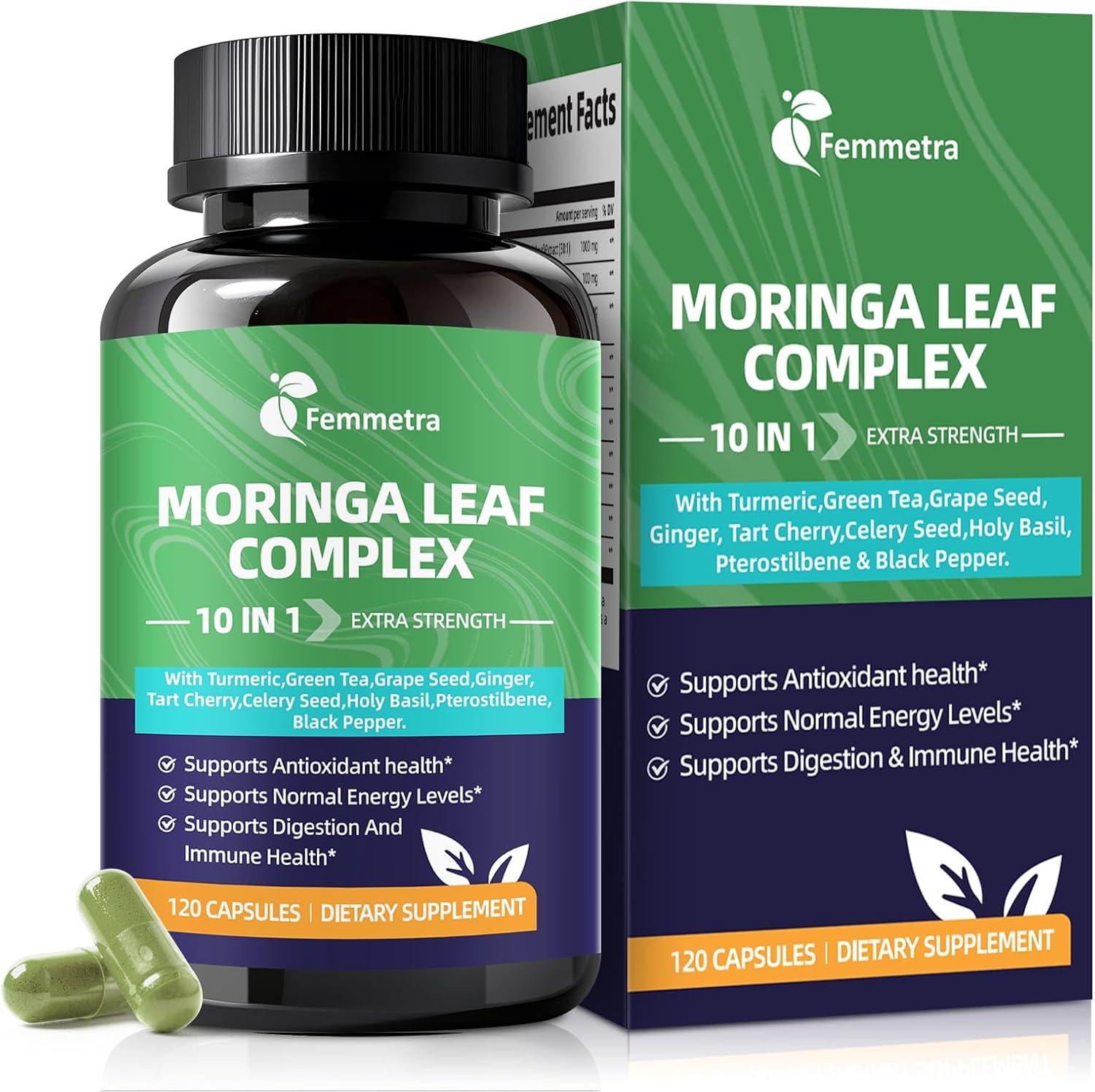 Moringa Turmeric Capsules, Femmetra 10-in-1 Moringa Leaf Complex, Energy, Skin, Immune & Gut Health Superfood, Rich in Antioxidants, Vitamins & Amino Acids with EGCG Grape Ginger Basil Extract, 60 Day
