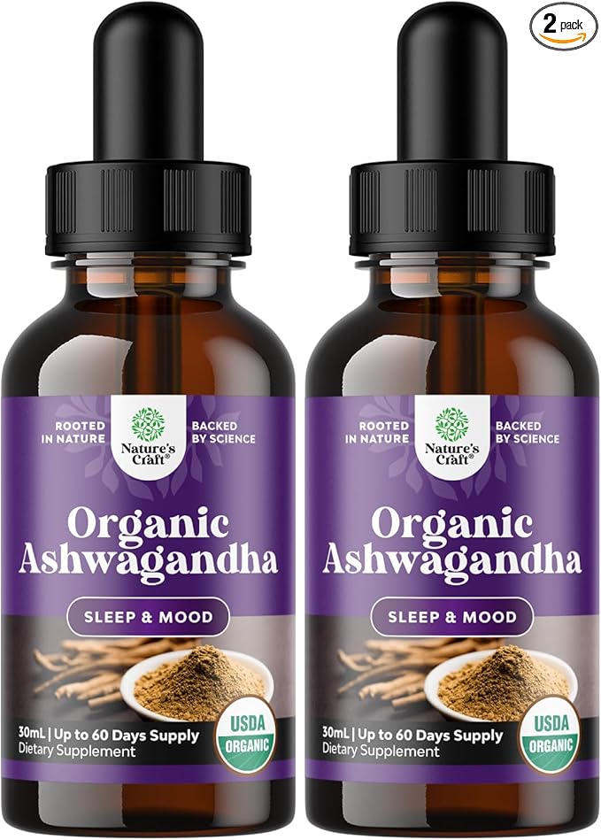 Natures Craft USDA Organic Ashwagandha Liquid Drops - Liquid Ashwagandha Root Extract for Stress and Mood Support - Tasty Adaptogenic Tincture Non GMO Vegan Gluten Alcohol and Sugar Free (2 Pack)