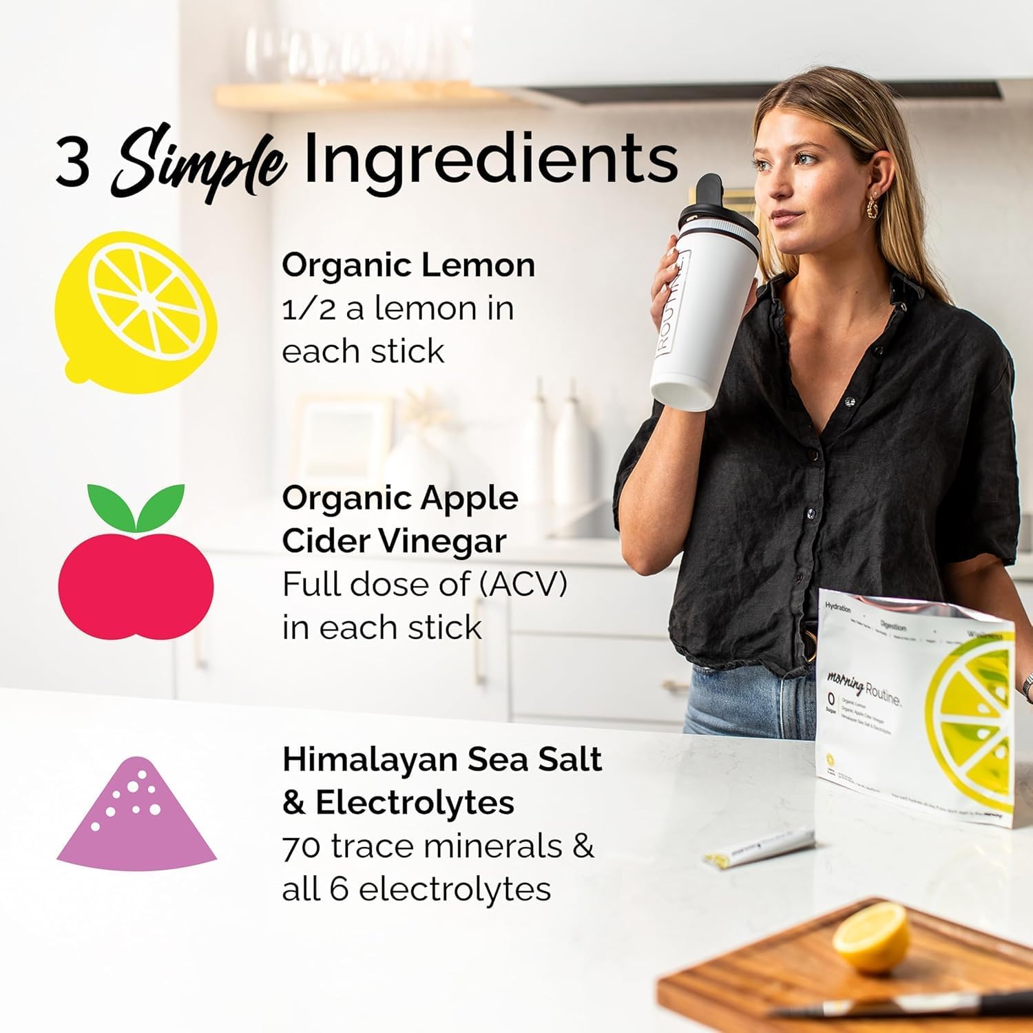 ROUTINE Morning Daily Hydration | Electrolyte Powder Packets with Apple Cider Vinegar, Lemon, and Sea Salt | Keto & Paleo-Friendly Electrolyte Drink Mix (30 Pack)
