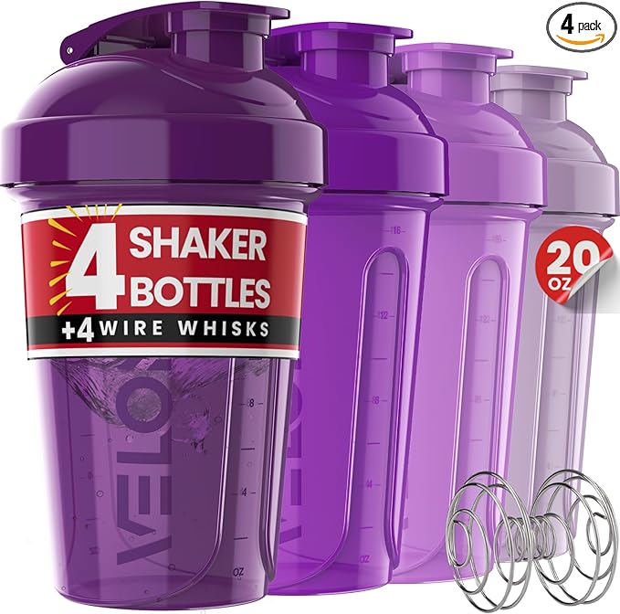 VELOMIX -4 PACK- 20 OZ Protein Shaker Bottles for Protein Mixes, Shaker Cups for Protein Shakes, Small Shaker Bottle Pack, Shaker Cup, Shakers for protein Shakes (Purple Bloom)