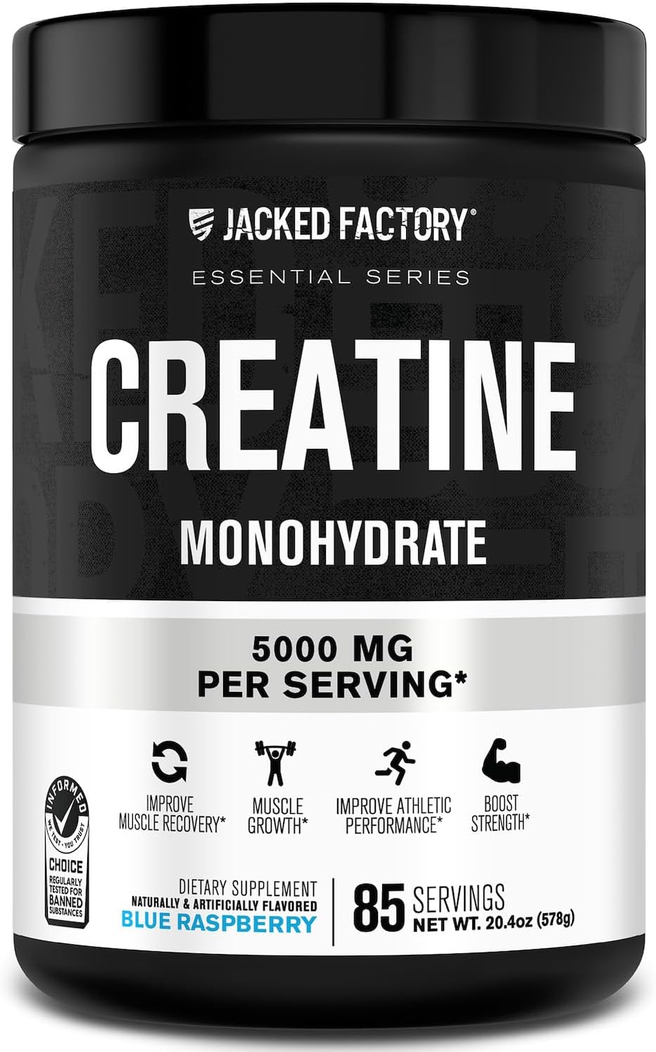 Jacked Factory Creatine Monohydrate Powder 425g - 5g Daily Creatine Supplement for Men and Women, Vegan-Friendly, Third-Party Tested - 85 Servings, Blue Raspberry