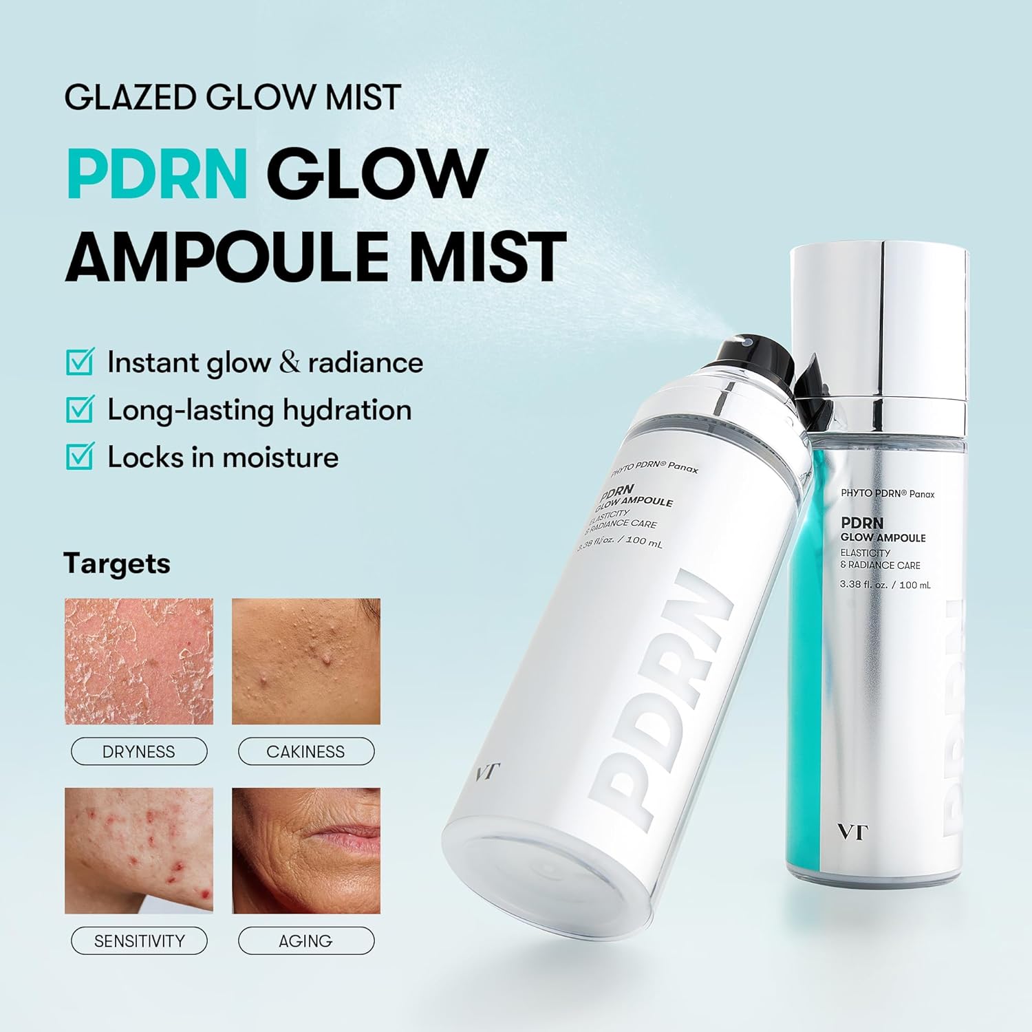 VT COSMETICS PDRN Glow Ampoule, PDRN Facial Mist, Deep Hydration Spray Serum, Vegan Skin Care, Light-weight Face Moisturizer, Plumping Effect, Fragrance-Free, Korean SkinCare (3.38 fl oz / 100 ml)