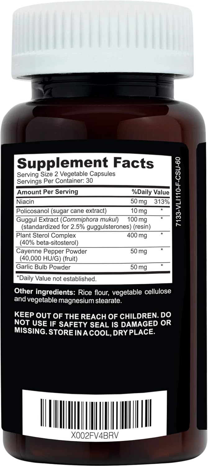 Clinical Daily Cholesterol Care Supplement. Vegan Cholesterol and Triglyceride Supplements. Plant Sterols Supplements Cholesterol Support with Guggul, Garlic, Niacin. 60 Capsules