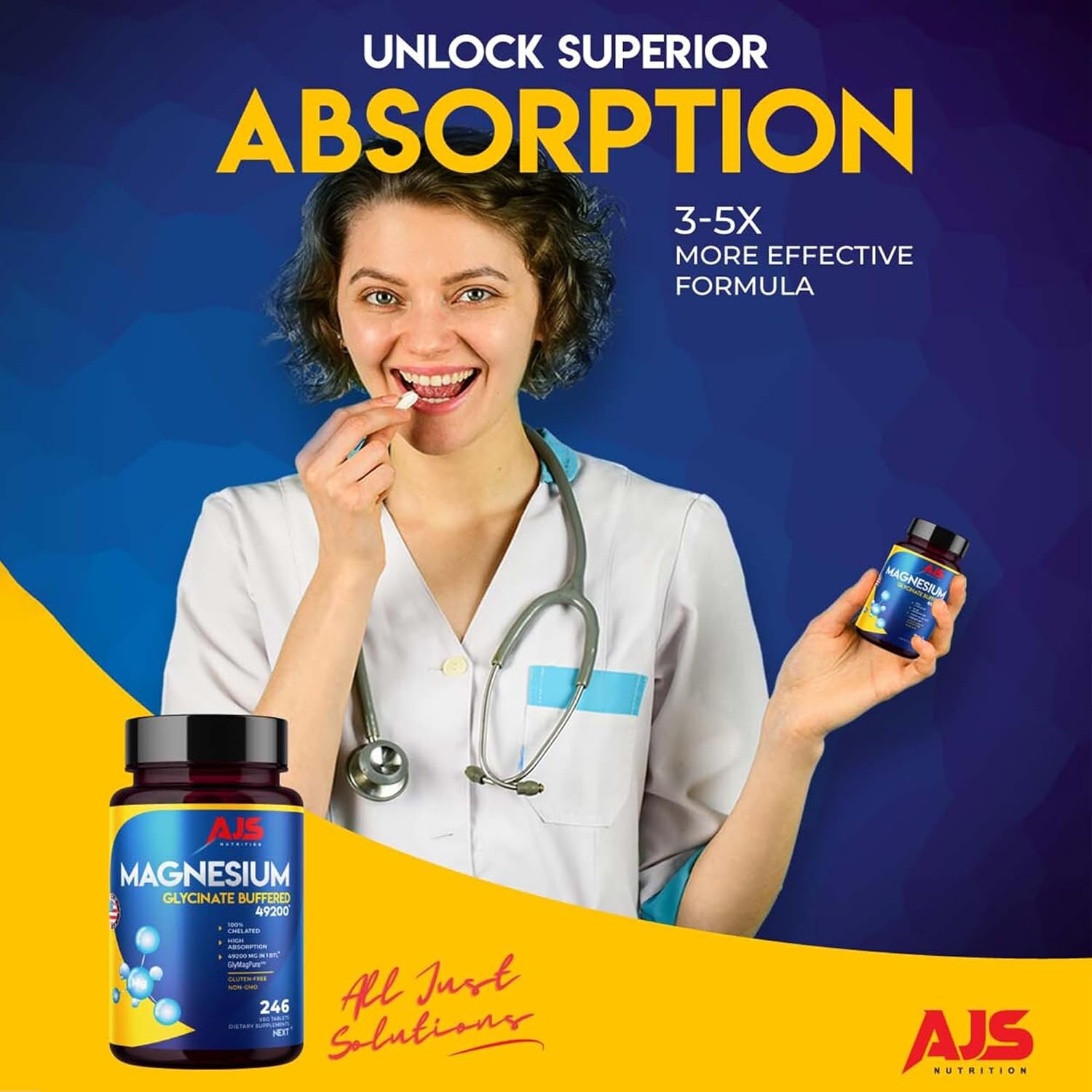 AJS Magnesium Glycinate 400mg, Magnesium Glycinate Capsules 246 Tablets, Gluten-Free, Non-GMO Supplements, Dietary Magnesium Supplement with Organic Coating, Supports Your Well-Being, 4 Months
