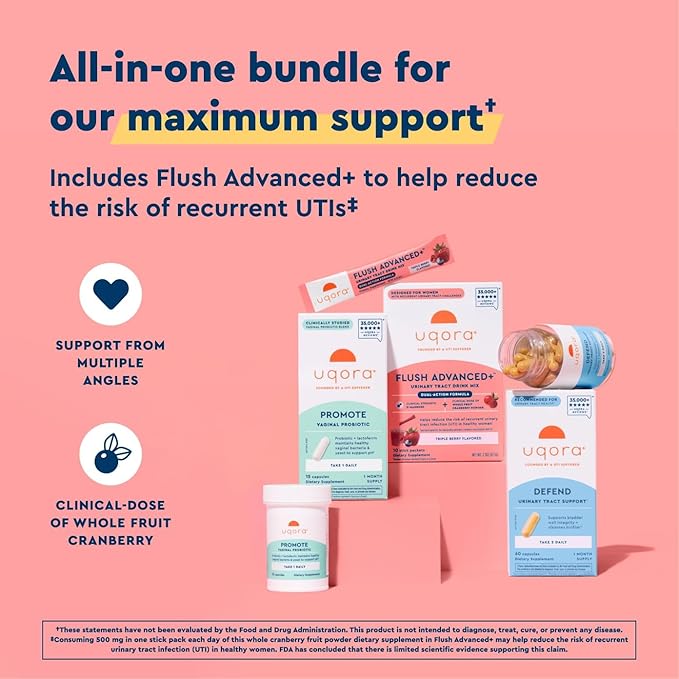 Uqora Flush Advanced+ Regimen with Flush Advanced+ - Cranberry to Reduce Risk of Recurrent UTI** - Defend & Promote - D-Mannose, Vitamin C, Green Tea Extract & Probiotics - 3-Part Bundle