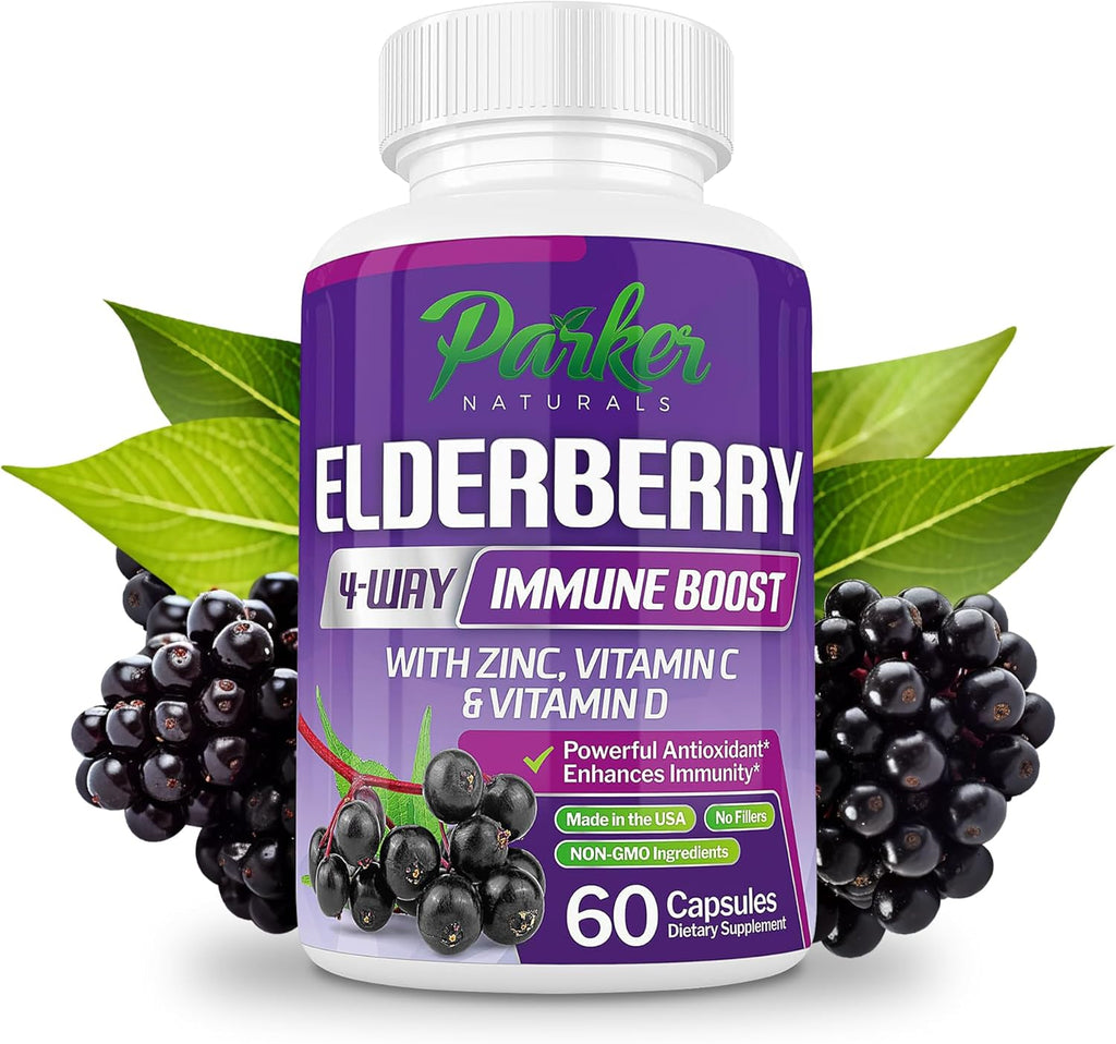 Organic Elderberry Capsules, 4-Way Immune Boost Elderberries, Vitamins C, D & Zinc Support, 1260.1 mg Elderberry Supplements for Adults, 60 Capsules