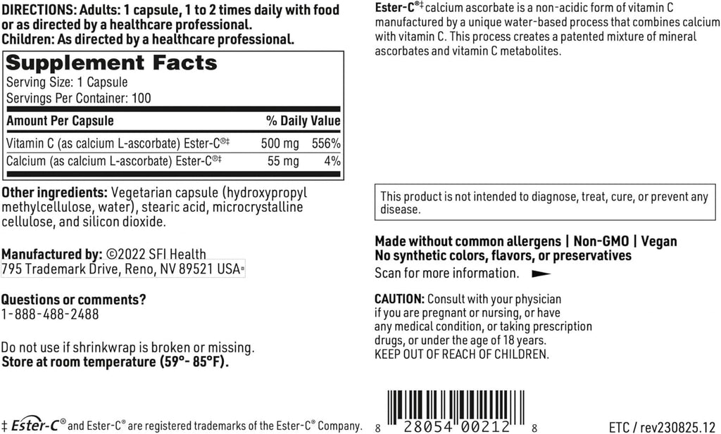 Klaire Labs SFI Health Ester-C - 500 mg Buffered Vitamin C - Non-Acidic Form Designed to Be Gentle On The Stomach - Immune & Antioxidant Support - Hypoallergenic (100 Capsules)