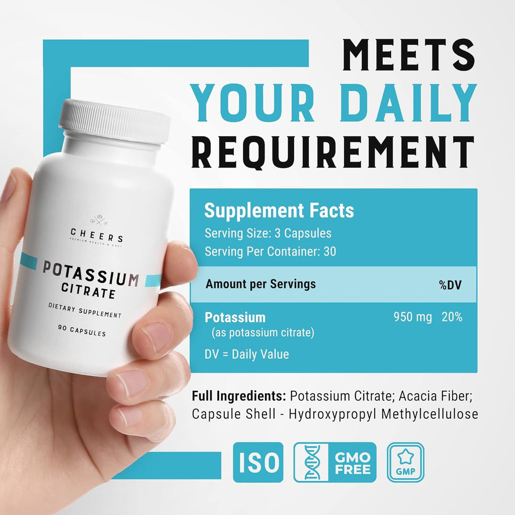 Cheers Potassium Citrate Supplement | 316mg Per Capsule | 20% Daily Value | Supports Muscle, Nerve & Heart Function | High Absorption Electrolyte for Potassium Deficiency | 90 Vegan Capsules