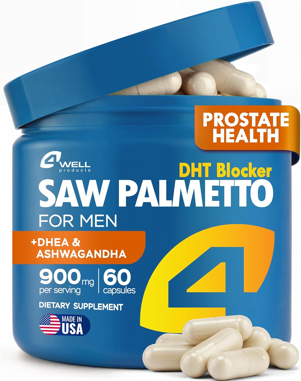 Improved Complex Saw Palmetto for Men & Prostate Health Supplements for Men - Advanced Formula Saw Palmetto Extract w/ DHEA & Ashwagandha 900mg - DHT Blocker for Hair Support - Prostate Supplements