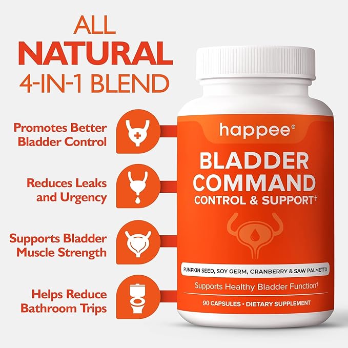 Happee Overactive Bladder Control Supplement for Women & Men - Pumpkin Seed Extract, Soy Germ, Saw Palmetto & Cranberry Blend - Bladder Support for Urinary Frequency, Leaks & Urgency - 90 Capsules