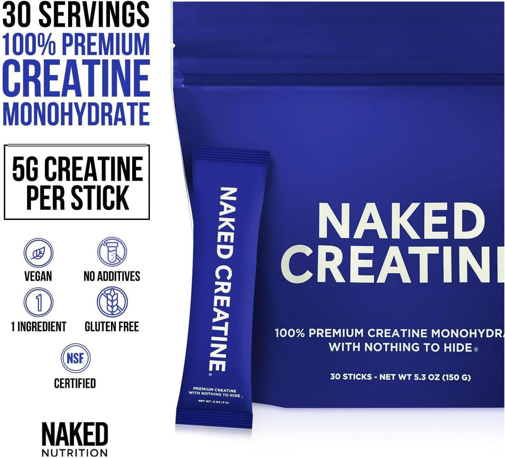 NAKED Creatine Stick Packs - Unflavored Micronized Creatine, Vegan, Non-GMO, Gluten-Free, Soy-Free, No Fillers, Supports Muscle Growth & Strength - 30 Servings