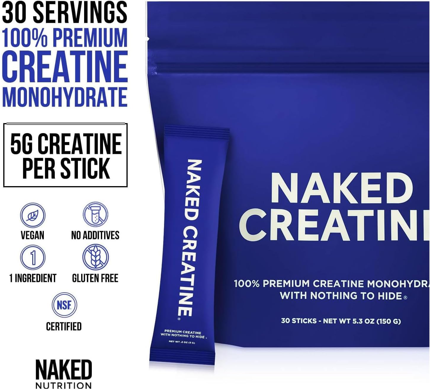 NAKED Creatine Stick Packs - Unflavored Micronized Creatine, Vegan, Non-GMO, Gluten-Free, Soy-Free, No Fillers, Supports Muscle Growth & Strength - 30 Servings