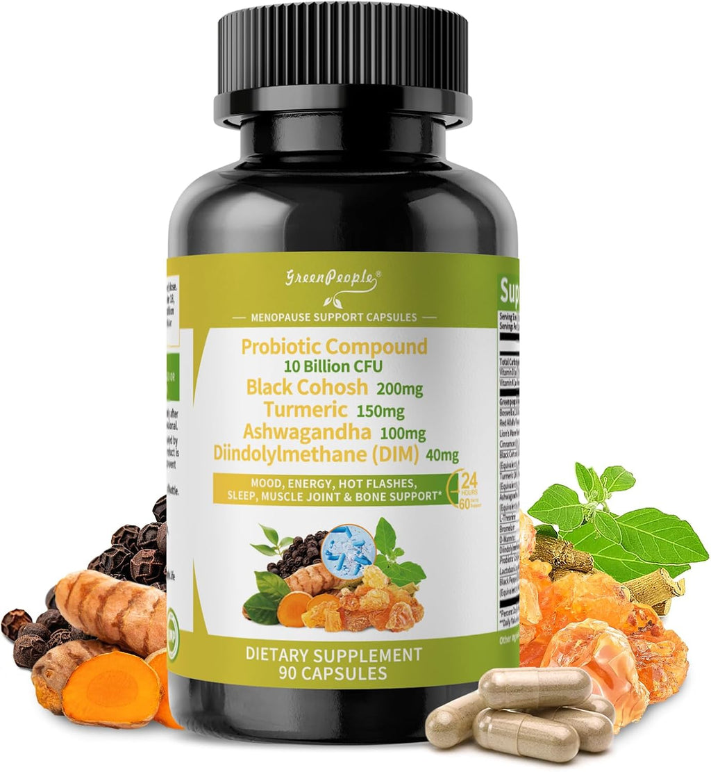 Menopause Supplements for Women - Black Cohosh & Ashwagandha for Hot Flashes, Night Sweats, Mood Swings, Hormonal Balance Support,10 Billion CFU Probiotic - 90 Capsules Vegan Gluten-Free