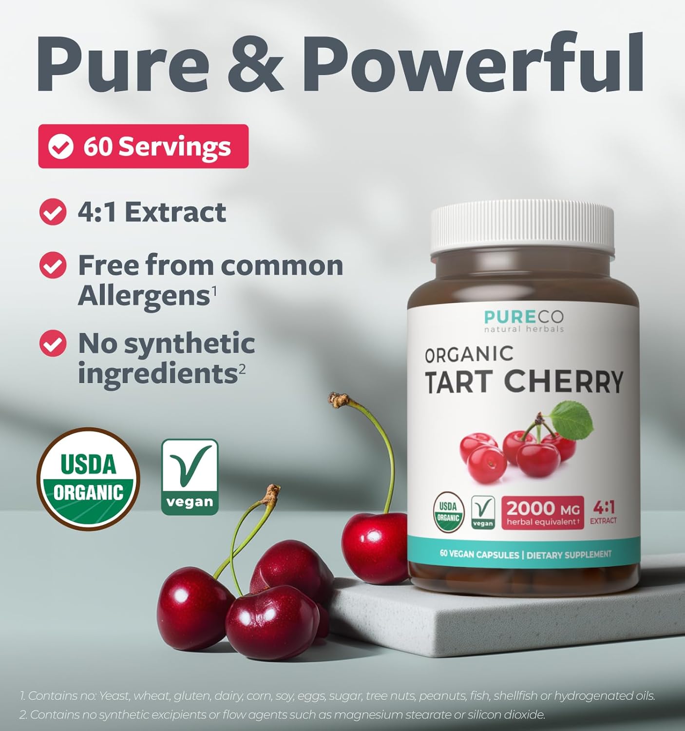 Organic Tart Cherry Capsules - High Strength 4:1 Tart Cherry Extract Capsules with 2000mg Herbal Equivalent per Serving for Uric Acid Support - Vegan Non-GMO & Made in the USA (2 Months Supply)