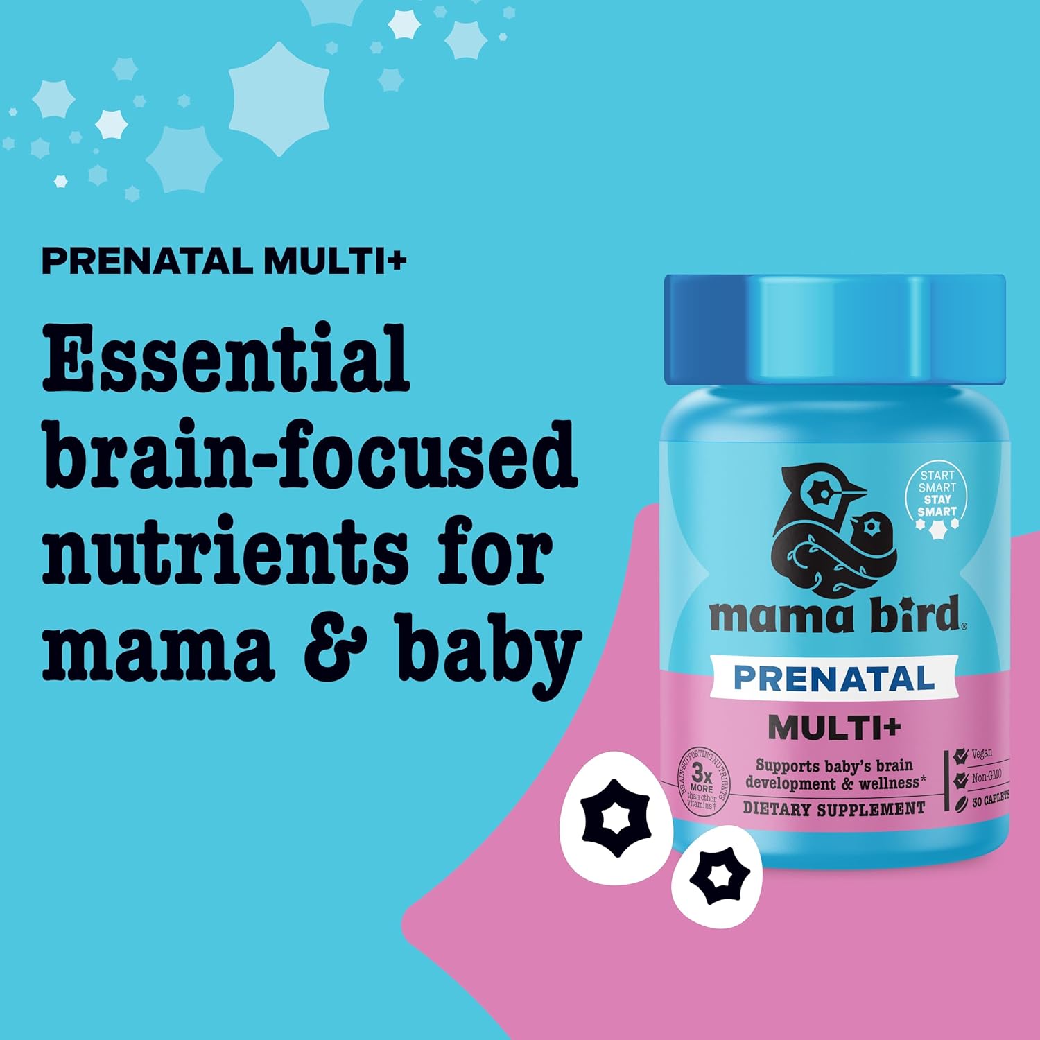 Best Nest Wellness Mama Bird Prenatal Multi Plus - Prenatal Care Supplement Supports Brain & Digestive Health - Vegan Multivitamin with L-Methylfolate, Probiotics & More - 30 Caplets (30 Servings)