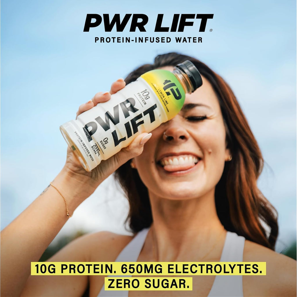 Whey Protein Water Sports Drink by PWR LIFT | Lemon Lime | Keto, Vitamin B, Electrolytes, Zero Sugar | Post-Workout Energy Beverage | 16.9 Fl Oz (Pack of 12)
