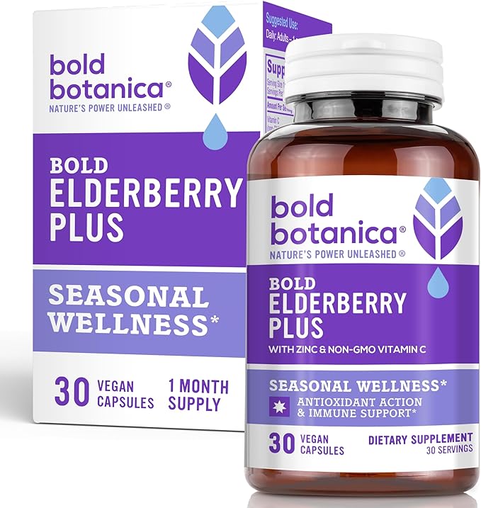 Bold Botanica Elderberry Plus – 65x Concentrated Black Elderberry Capsules with Vitamin C and Zinc for Adults for Daily Immune Support Supplement & Seasonal Wellness, Non-GMO – 30 Vegan Capsules