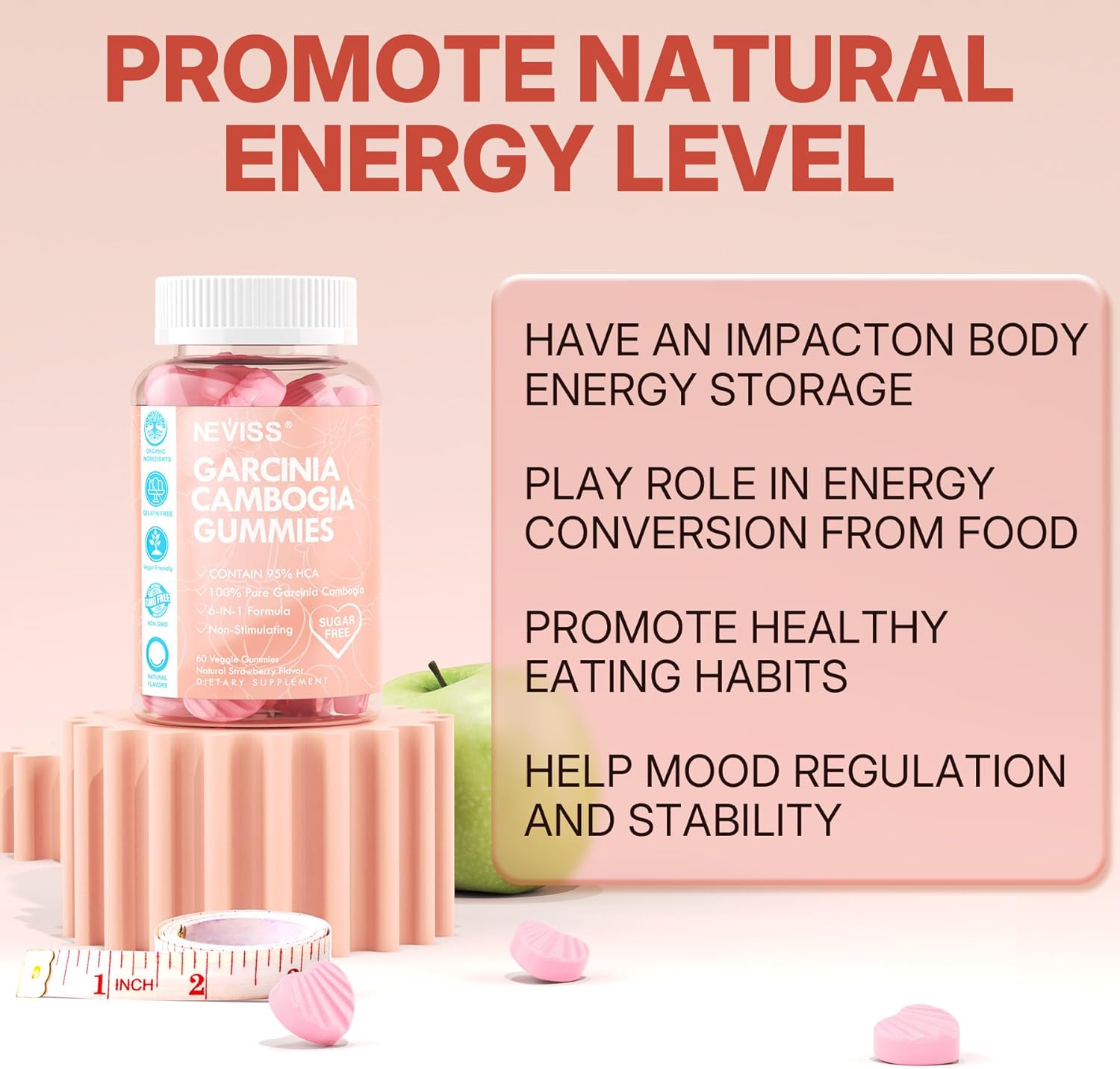 Sugar Free Garcinia Cambogia Gummies 1000mg 95% HCA with L-Carnitine, Raspberry Ketone, Chromium, Green Coffee Bean for Metabolism, Energy Boost, 100% Organic Extract, Vegan, Strawberry Flavor 120 Cts