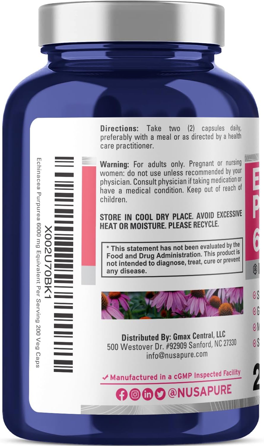 NusaPure Echinacea 20:1 Extract, 300 mg Equivalent to 6,000mg 200 Veggie Caps, Vegan, Non-GMO, Gluten Free Supplement (Pack of 2)