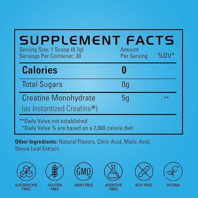 Gains in Bulk Instantized Creatine Monohydrate for Women and Men, Soluble Pre Workout Powder, Supports Muscle Building, Strength and Performance, Bodybuilding Supplements, Blue Raspberry, 30 Servings