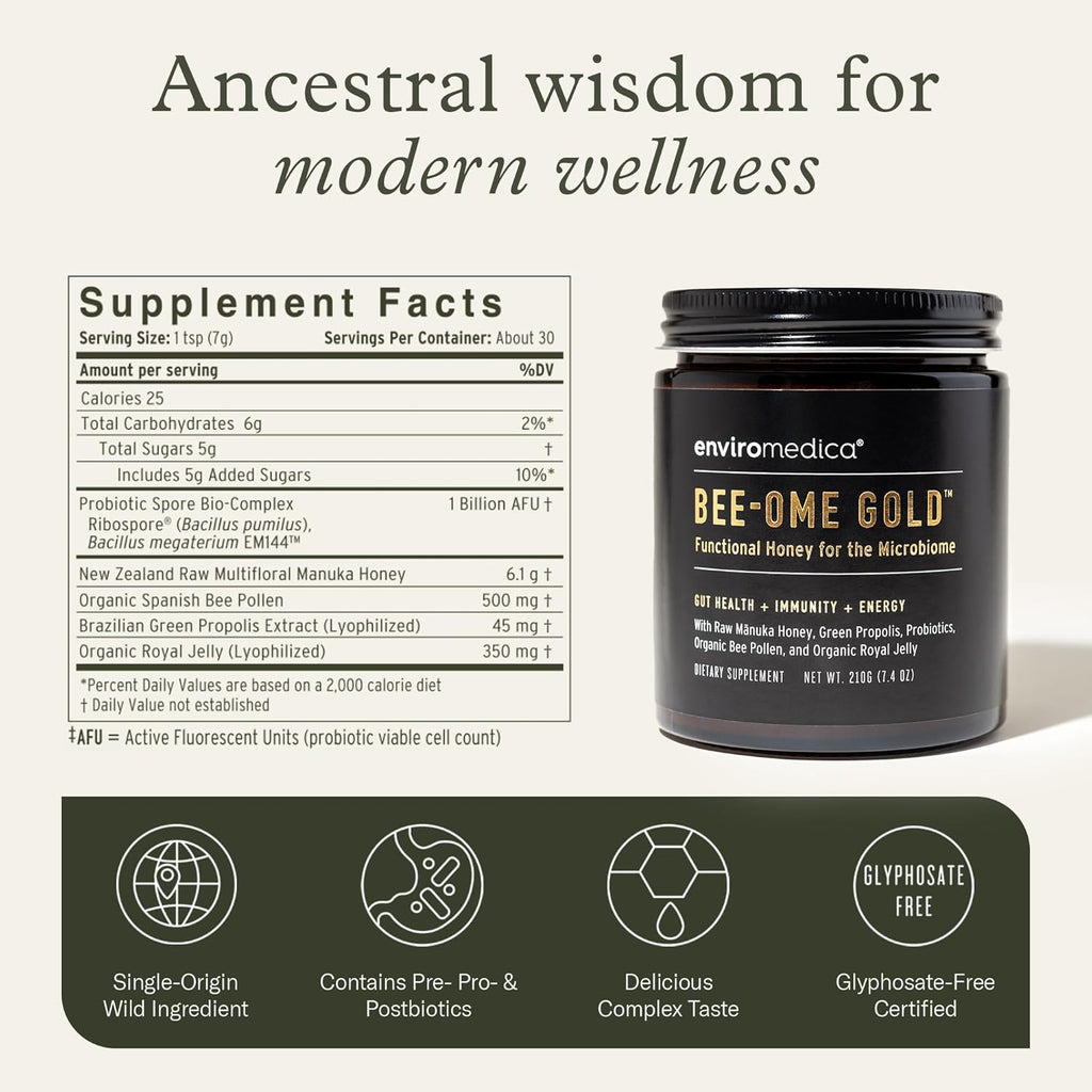 Bee-Ome Gold by Enviromedica - Unpasteurized Raw Manuka Honey with Probiotics, Royal Jelly, Bee Pollen & Propolis, Functional Superfood Honey, 7.4oz